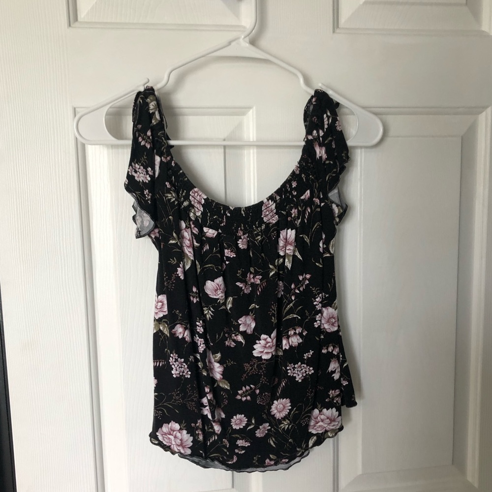 Black and Purple Floral Off the Shoulder Shirt